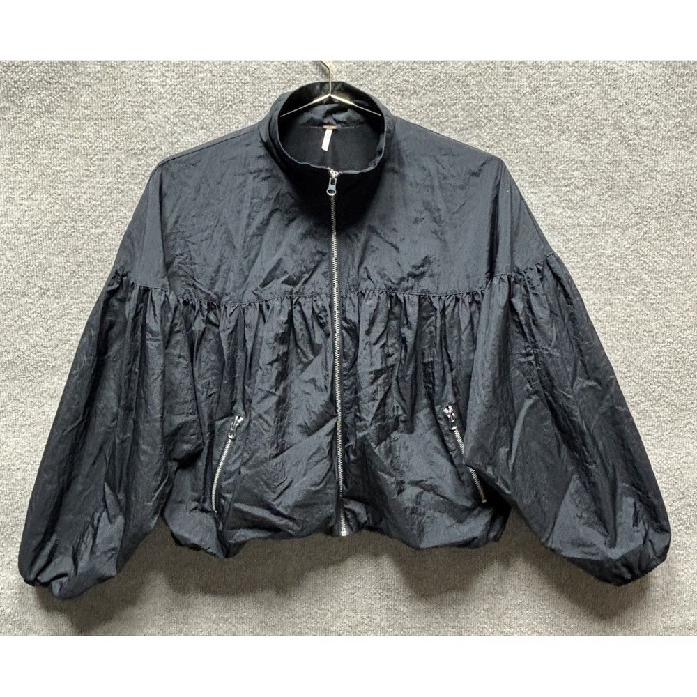 Free People Bomber Windbreaker Jacket Full Zip Womens Small Black Dolman Sleeve